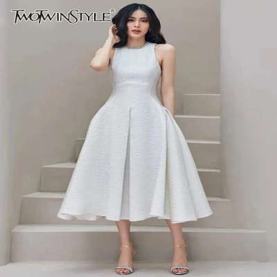 TWOTWINSTYLE Elegant white patchwork diamond evening long dress for women round neck short sleeves high waist dresses for women 20...