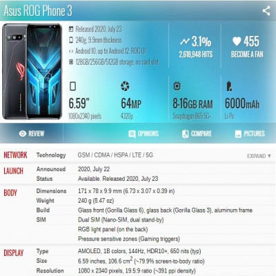 شاشة استبدال AMOLED الأصلية لهاتف Asus Rog 3 ، محو...