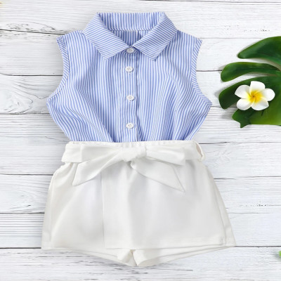 قميص مقلم للفتيات الصغيرات بياقة وشورت بدون أكمام...