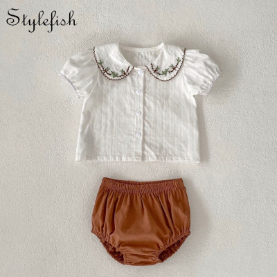 بلوزة برقبة دمية مُزينة بأكمام قصيرة للفتيات الصغي...