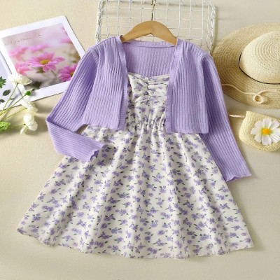 طقم محبوك من قطعتين مخطط للفتيات ، كارديجان بأكمام...