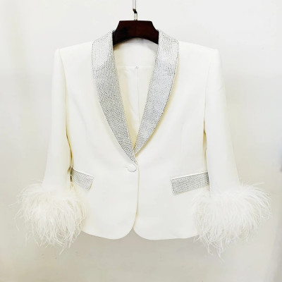 Women's fashionable jacket for street style, real ostrich feather with diamonds, decorated with a shawl collar, blazer, wool.