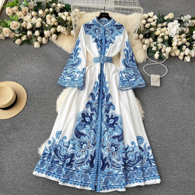 فستان ماكسي نسائي مطبوع بنمط Palce ، ياقة ثابتة ،...