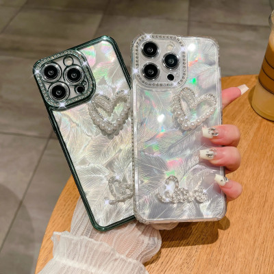 حافظة ماسية لامعة مطلية بالكهرباء ، قلب لؤلؤي ، حو...