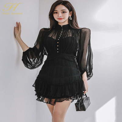 Short black vintage dress for women from H Han Queen, elegant and beautiful dresses, simple chiffon, casual party, spring, new, 20...