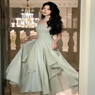 فساتين مكشكشة برقبة مربعة للنساء ، حفلة سهرة بخط ،...