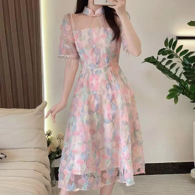 فستان نسائي شبكي طويل وردي ، ياقة مكشكشة ، زهور مط...