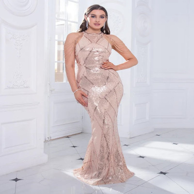 Evening party dress with O-shaped neckline, decorated with sequins, embroidered with beads, gold color