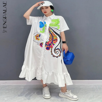 Shengpalae-فستان قميص مطبوع على الموضة الكورية للن...