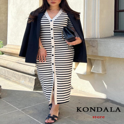 كوندالا-فستان طويل مخطط عتيق محبوك للنساء ، أكمام...