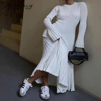 MiuKoMiYa-فساتين مضلعة ضيقة بيضاء للنساء ، رقبة مس...