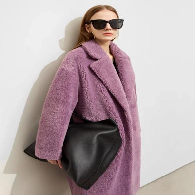 AMII-معطف صوف خروف بسيط للنساء ، ياقة بطية صدر الس...