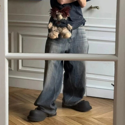 عالية الشارع غسلها الأزرق فضفاض الجينز للرجال ، مس...