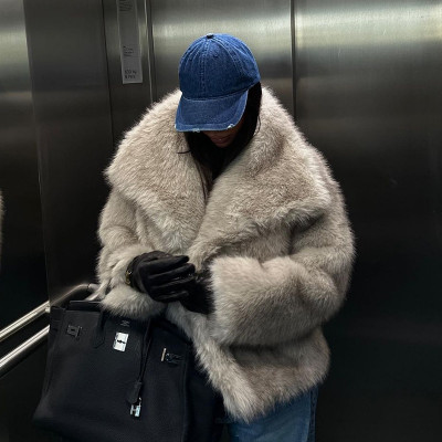 معطف فرو منفوش للنساء ، ياقة من الفرو الكبير ، ستر...