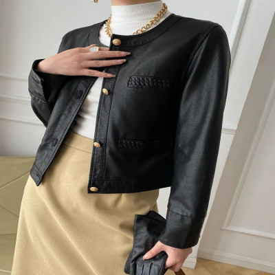 جاكيت جلد أنيق برقبة دائرية للنساء ، جاكيت قصير ،...