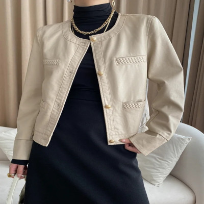 جاكيت جلد أنيق برقبة دائرية للنساء ، جاكيت قصير ،...