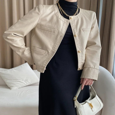 جاكيت جلد أنيق برقبة دائرية للنساء ، جاكيت قصير ،...