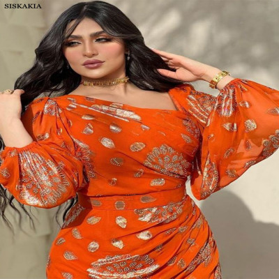 Siskakia-فستان شيفون مثير بأكمام منتفخة ، ختم ذهبي...