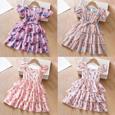 2024 New Sweet Girls Dress Bubble Sleeve Floarl Pr...