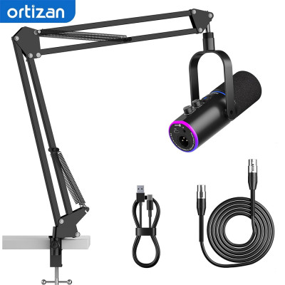 ميكروفون بودكاست XLR/USB، ميكروفون للألعاب مع زر كتم الصوت، تأثيرات صوتية، إلغاء الضوضاء، حامل ذراع متحرك، مدخل سماعات الرأس