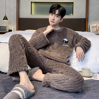 Printed pajama set with cute cartoon letters in the shape of an old panda for men made of cotton casual home wear new for fall and...