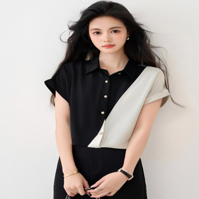 كتلة اللون قصيرة الأكمام قميص للنساء 2025 صيف جديد...
