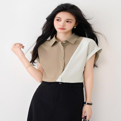 كتلة اللون قصيرة الأكمام قميص للنساء 2025 صيف جديد...