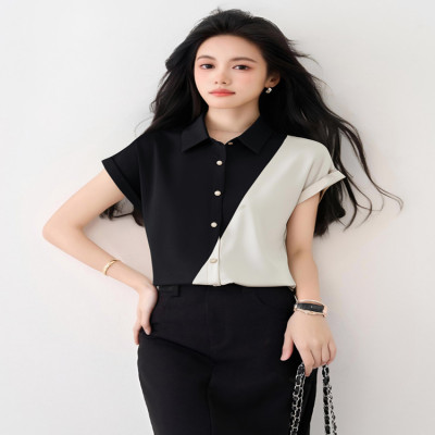 كتلة اللون قصيرة الأكمام قميص للنساء 2025 صيف جديد...