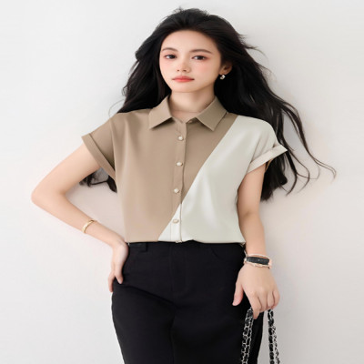 كتلة اللون قصيرة الأكمام قميص للنساء 2025 صيف جديد...