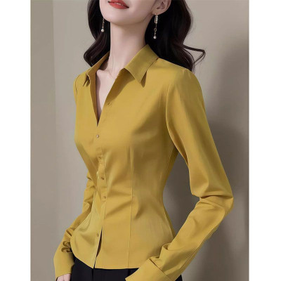 Yellow Long Sleeve Slim Temperament Blouse Spring...