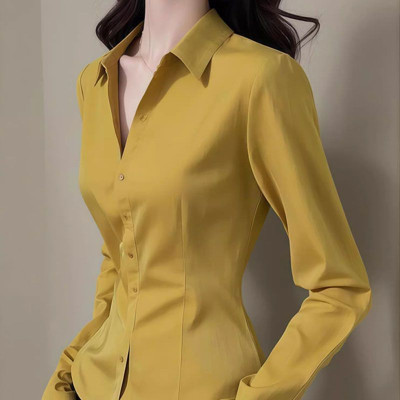 Yellow Long Sleeve Slim Temperament Blouse Spring...