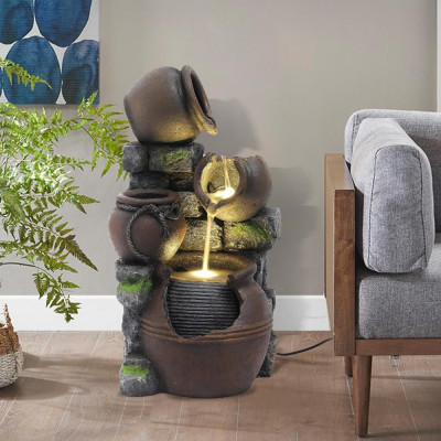 نافورة مياه خارجية مع أصيص زهور وأضواء - أباريق مت...