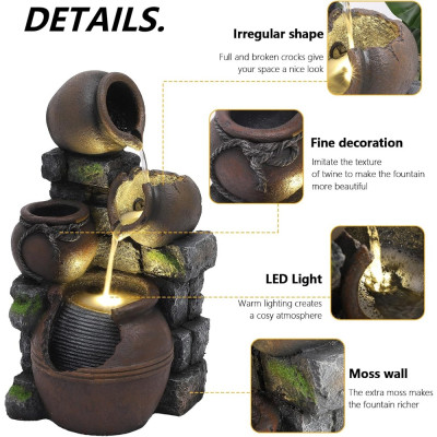 نافورة مياه خارجية مع أصيص زهور وأضواء - أباريق مت...