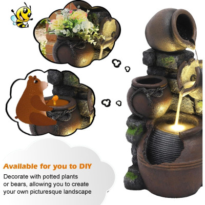 نافورة مياه خارجية مع أصيص زهور وأضواء - أباريق مت...