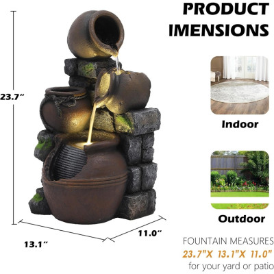 نافورة مياه خارجية مع أصيص زهور وأضواء - أباريق مت...