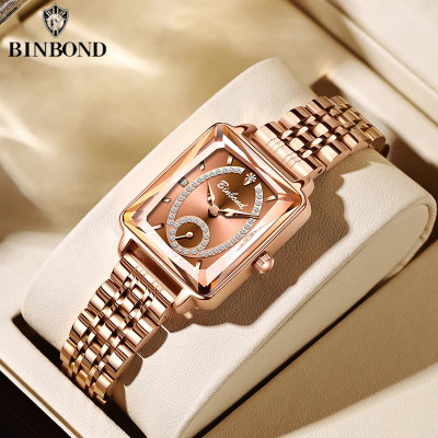 BINBOND ساعة نسائية جديدة جودة عالية تصميم مجوهرات أنيقة مقاوم للماء ساعة كوارتز فاخرة ارتفع الذهب السيدات ساعة Reloj Mujer