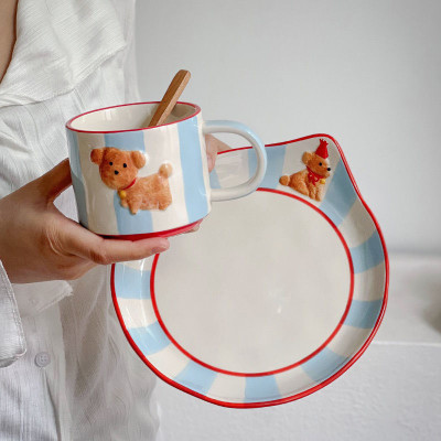 كوب قهوة سيراميك مطلي يدويًا للكلب ، طقم أدوات طاو...