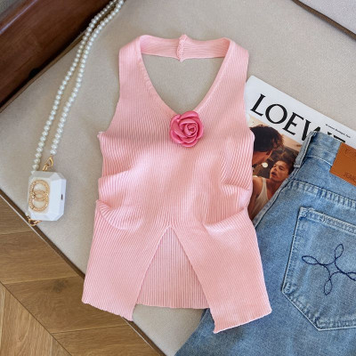 صدرية محبوكة بحمالة رقبة وردية للنساء ، بلوزة تنحي...