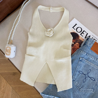 صدرية محبوكة بحمالة رقبة وردية للنساء ، بلوزة تنحي...