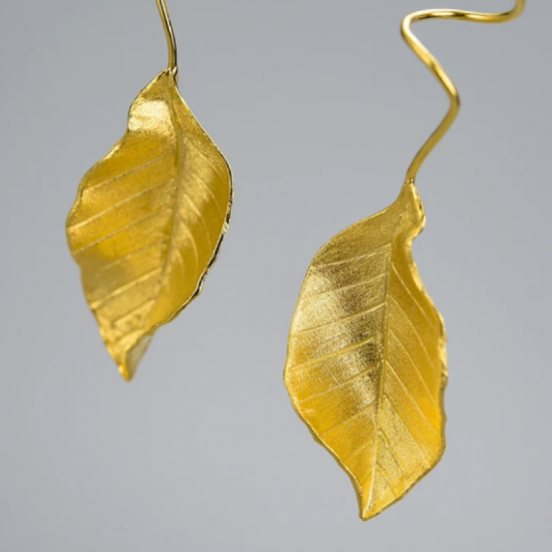 أقراط ورقة الشجر فضة 925 مصنوعة يدوياً مطلي ذهب