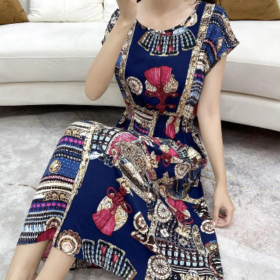 فستان طويل بنمط هندسي للنساء ، رقبة مستديرة ، خصر...