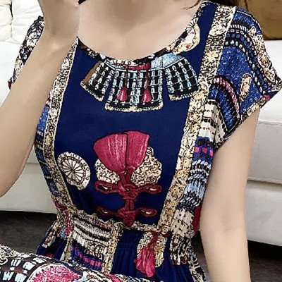 فستان طويل بنمط هندسي للنساء ، رقبة مستديرة ، خصر...