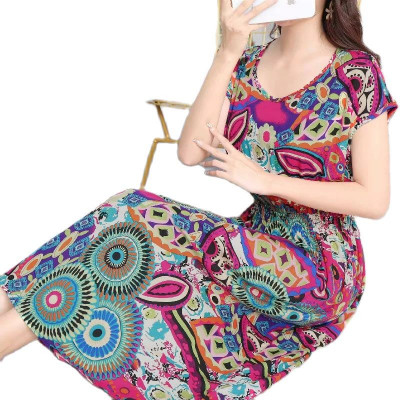 فستان طويل بنمط هندسي للنساء ، رقبة مستديرة ، خصر...