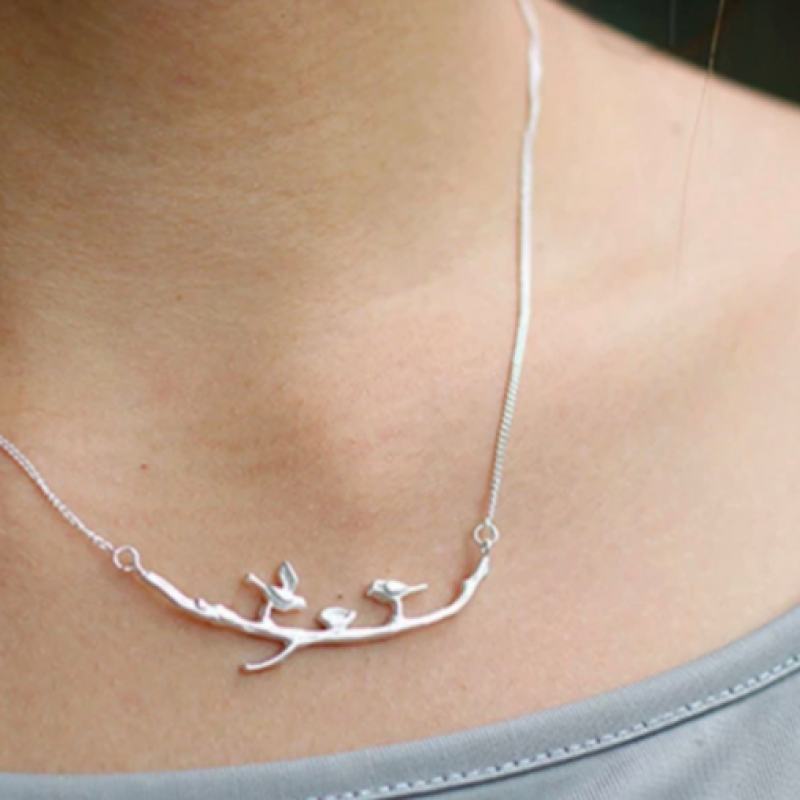 سلسال العصافير فضة 925 مصنوع يدوياً مطلي بالروديوم
