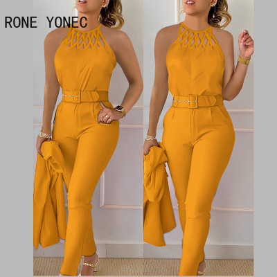 طقم بنطال نسائي بدون أكمام قصير بدون أكمام وحزام ،...