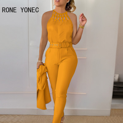 طقم بنطال نسائي بدون أكمام قصير بدون أكمام وحزام ،...