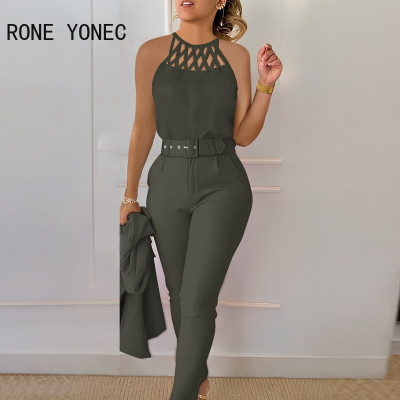 طقم بنطال نسائي بدون أكمام قصير بدون أكمام وحزام ،...