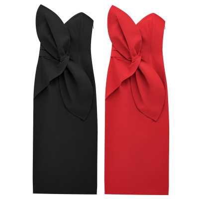 TRAF 2025 فستان مشد بفيونكة للنساء فستان أحمر أسود...