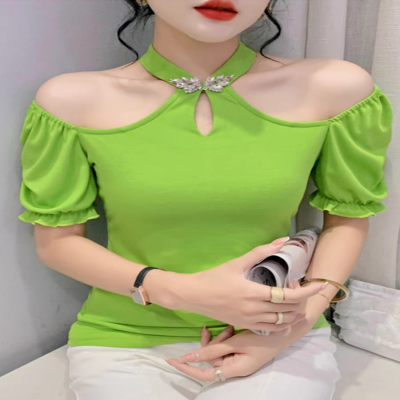 المرأة قصيرة الأكمام الرسن طوق تي شيرت سيدة أنيقة...