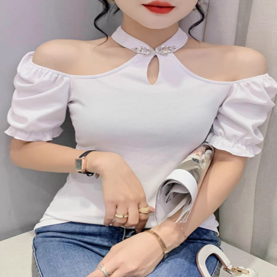 المرأة قصيرة الأكمام الرسن طوق تي شيرت سيدة أنيقة...